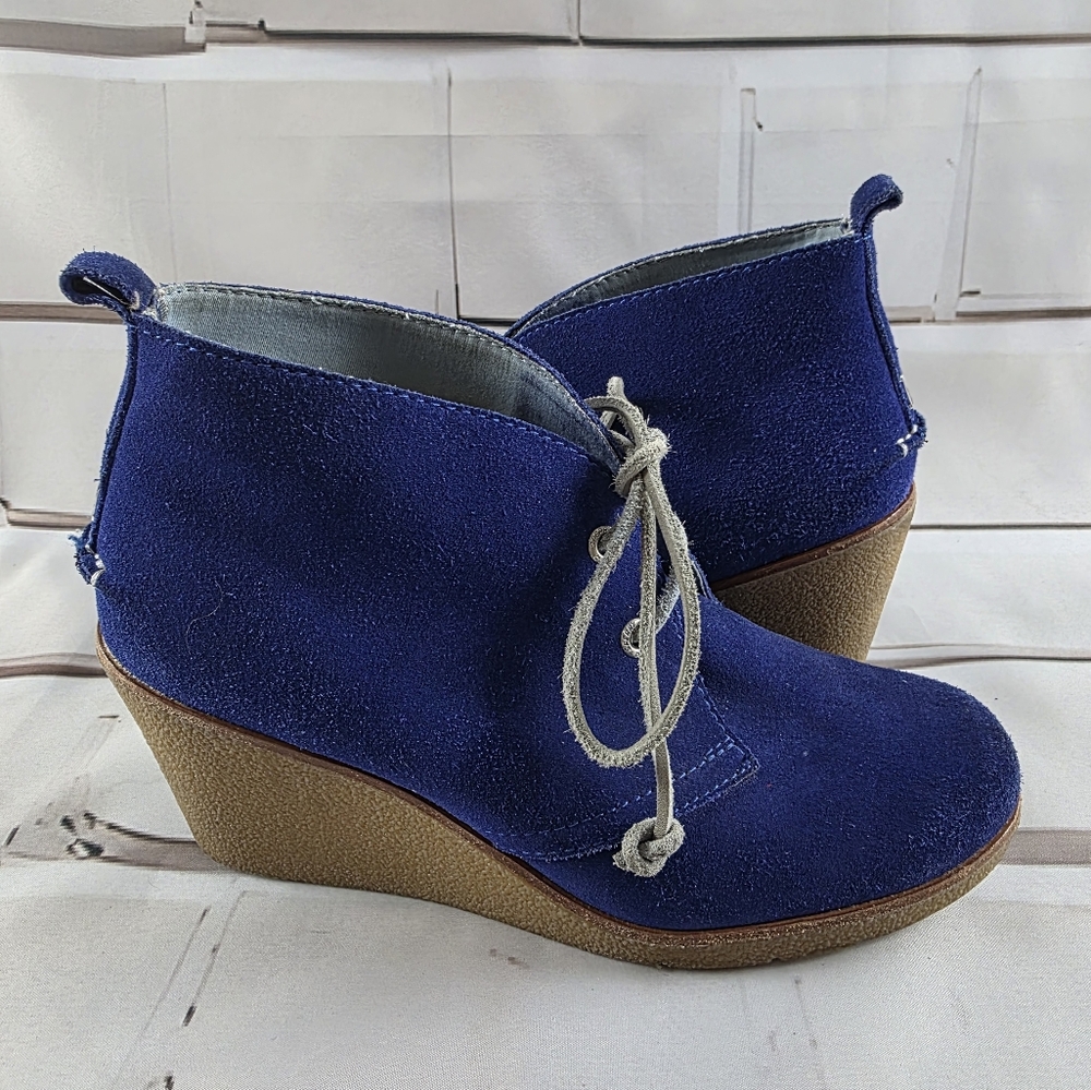 Sperry Harlow Electric Blue Suede Wedge Lace Up Booties Shoes Wmn's 8.5